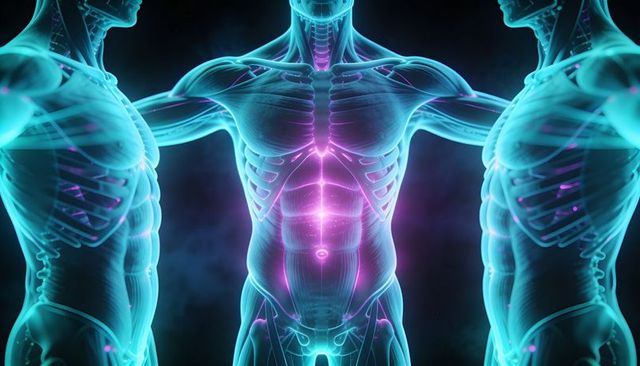 Displaying Glowing Torso Revealing Spine Rib Cage Sternum in Neon Anatomy Visualization