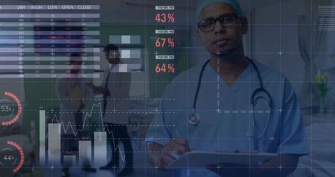 Doctor Analyzing Medical Data in Hospital Room With Digital Interface
