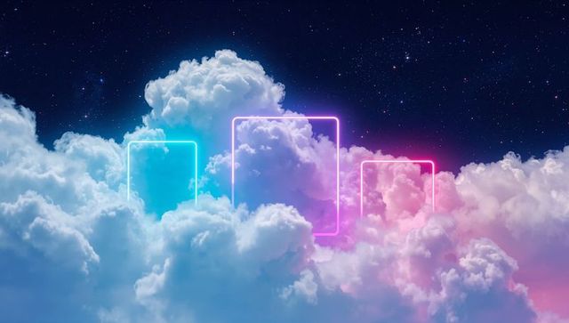 Neon Rectangles Illuminate Pastel Clouds in Starry Sky