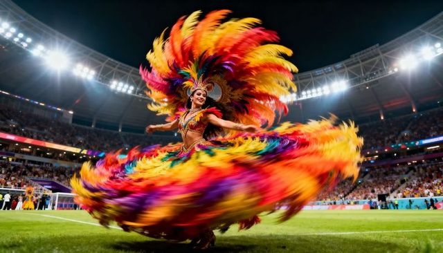 Samba carnival dancer spinning in vibrant feathered headdress and flowing plume skirt