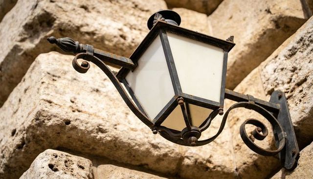Weathered wrought-iron lantern with frosted glass and curled scroll bracket on limestone