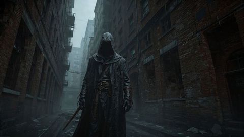 Mysterious hooded assassin figure in foggy urban alley at dusk