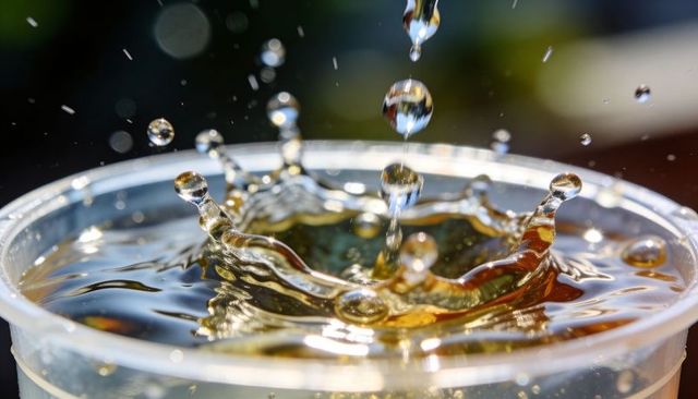 Macro crown splash of amber beverage in clear plastic cup under warm sunlight