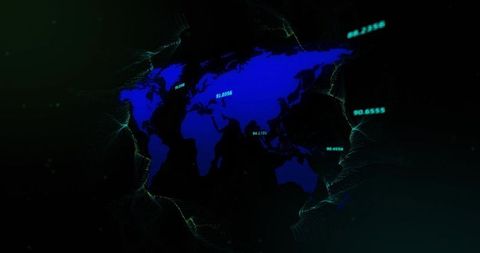 Glowing digital world map with neon coordinates and flowing network filaments for dataviz