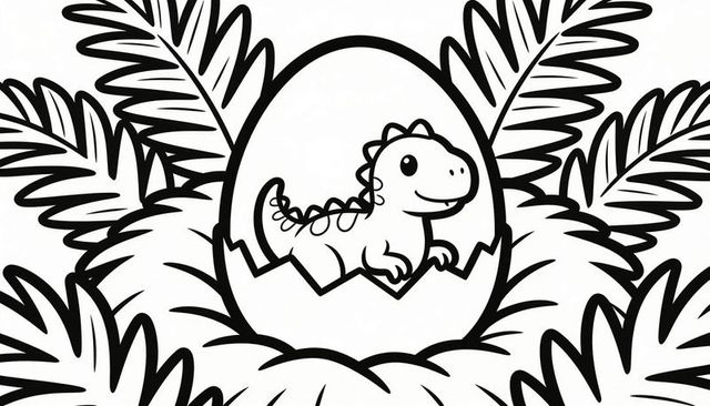 Cute dinosaur hatchling peeking from cracked egg in fern nest lineart