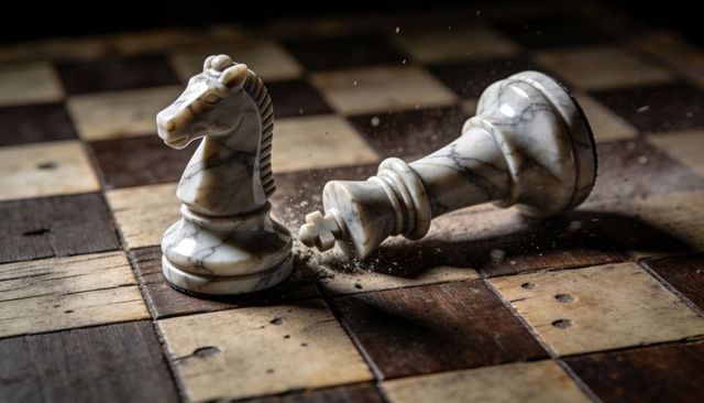 Marble knight standing beside toppled king on worn wooden chessboard, dust flying
