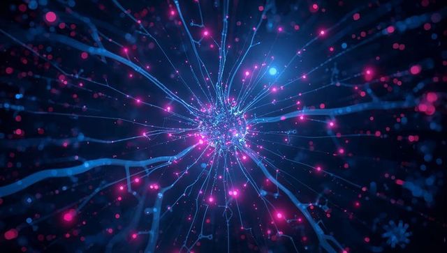 Neural starburst - luminous blue filament nucleus radiating magenta nodes and particles