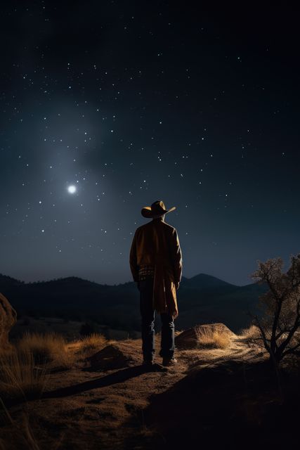 Silhouette of a lone cowboy standing in desert under a starry night sky, evoking feelings of solitude and reflection. Ideal for use in projects involving western themes, night photography, or tranquility. Can be used in calendars, posters, or travel content related to desert adventures and outdoor living.