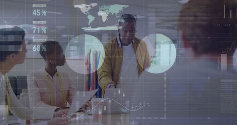 Diverse business meeting with data visualization overlay