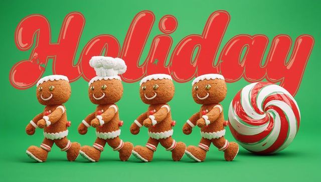 Marching gingerbread cookie parade with peppermint swirl and festive holiday script