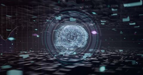 Holographic Wireframe Brain Projecting Futuristic HUD Over Digital Grid and Data Streams