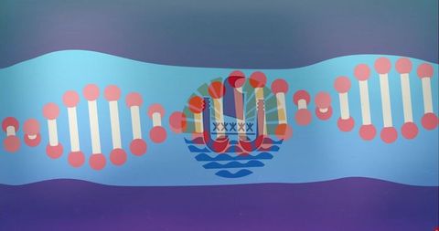 Futuristic dna helix with abstract emblem on gradient background
