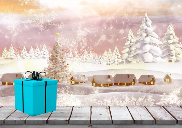 Digital scene showing a bright blue gift box on a wooden plank foreground against a snowy winter village with cozy houses and decorated Christmas tree in background. Snowfall and snow-covered trees creating holiday atmosphere, ideal for use in holiday greetings, winter festival promotions, and holiday season content.
