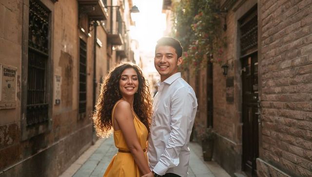 Romantic couple holding hands smiling in sunlit narrow alley during golden hour, historic charm
