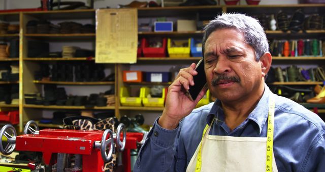 Cobbler in Workshop Talking on Phone with Concerned Expression - Download Free Stock Images Pikwizard.com