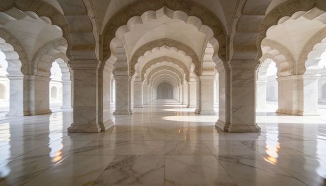 Marble arcade with lobed arches, symmetrical colonnade and reflective polished floor