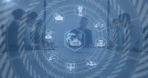 Diverse Business Meeting with Technology Overlay and Network Icons