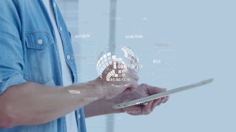 Businessman Using Tablet with Digital Globe and Data Interface