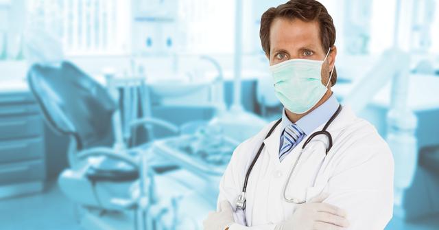 Surgeon standing with stethoscope and surgical mask in a hospital room with medical equipment in the background. Perfect for use in healthcare promotion, medical advertisements, hospital brochures, and medical staffing websites.