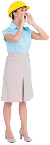 Caucasian Woman with Helmet Shouting on Transparent Background