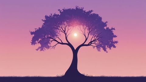 Majestic dreaming tree silhouette with radiant sunset halo in tranquil dusk