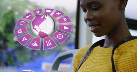 Global travel technology concept with woman and smartphone
