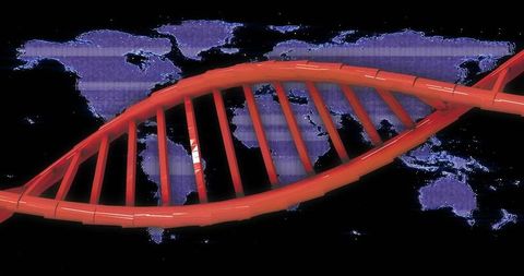 Red dna helix crossing digital world map for futuristic genomics and global biotech
