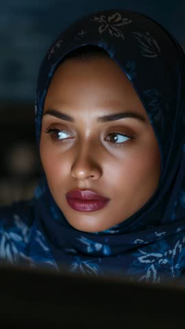 Vertical video of woman in dark blue patterned hijab turning head left, screen-lit focused portrait