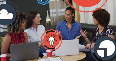 Team Collaborating in Modern Office with Graphics Overlay