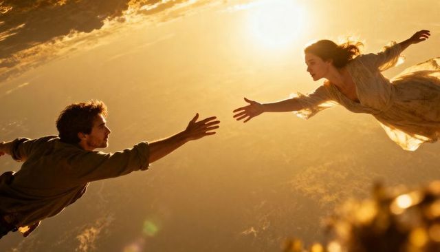 Floating couple reaching hands above golden clouds at sunset backlit romantic aerial