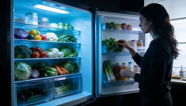 Woman reaching for fresh greens in well-stocked refrigerator at night for healthy meal