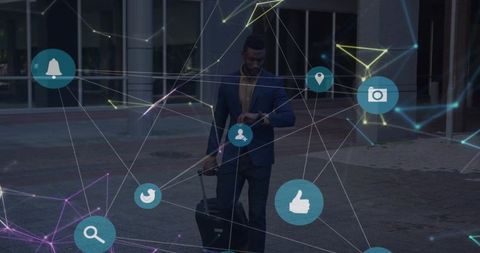 Businessman in Urban Plaza with Tech Connectivity Overlay