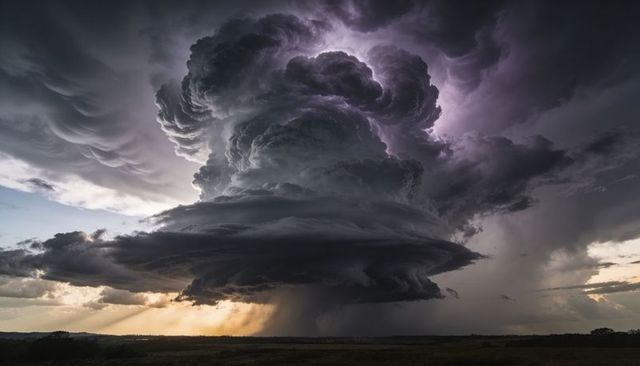 Epic Dramatic Rotating Supercell Storm over Prairie at Sunset with Lightning and Rain Shaft