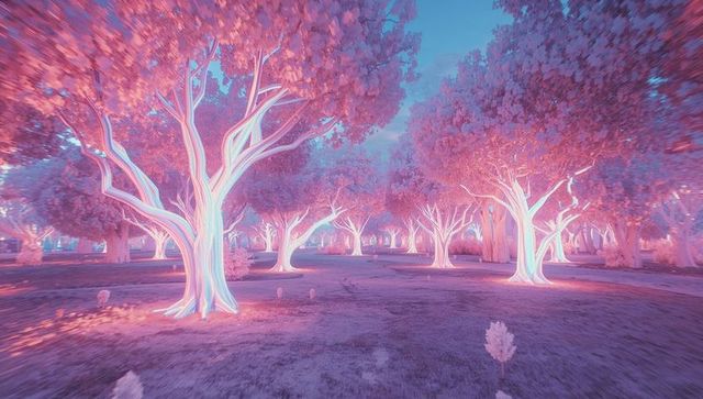 Fantasy Forest with Glowing Trees and Ethereal Pink Foliage