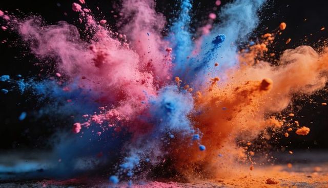 Exploding multicolor pigment cloud spreading pink blue orange powder in dynamic burst
