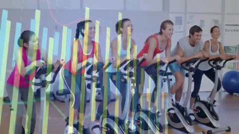 Dynamic Spin Class with Overlay of Bar Charts Representing Fitness Metrics