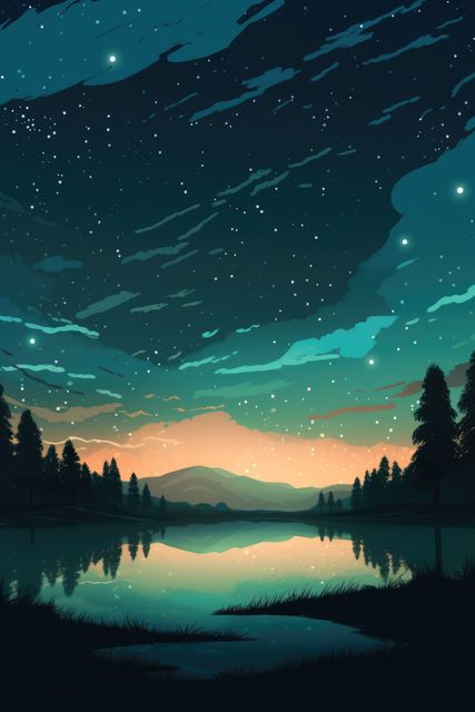 Digital illustration capturing a serene lake reflecting a star-filled sky surrounded by a forest and distant mountains. Ideal for use in posters, digital art collections, wallpapers, backgrounds for websites, or environmental projects highlighting peace and tranquility.