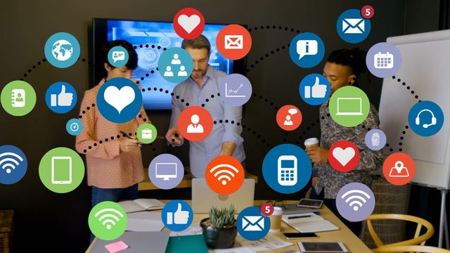 Business professionals collaborating in a modern office with social media icons overlay. Suitable for themes related to social media marketing, digital strategy, teamwork, and global business connections.