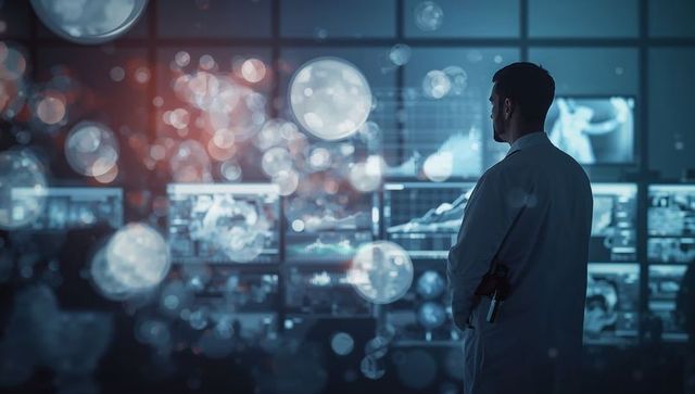 Scientist monitoring futuristic analytics wall with medical data overlays and ai dashboards