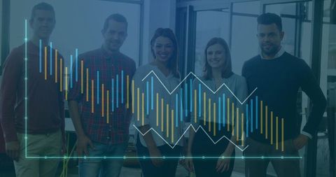 Team Collaborating with Data Analytics Overlay in Modern Office