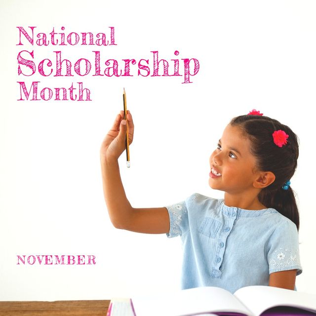 Image of a young biracial girl holding pencil while studying during National Scholarship Month in November. Ideal for educational campaigns, scholarship promotions, academic institutions, inspiring learning initiatives, and childhood education materials.