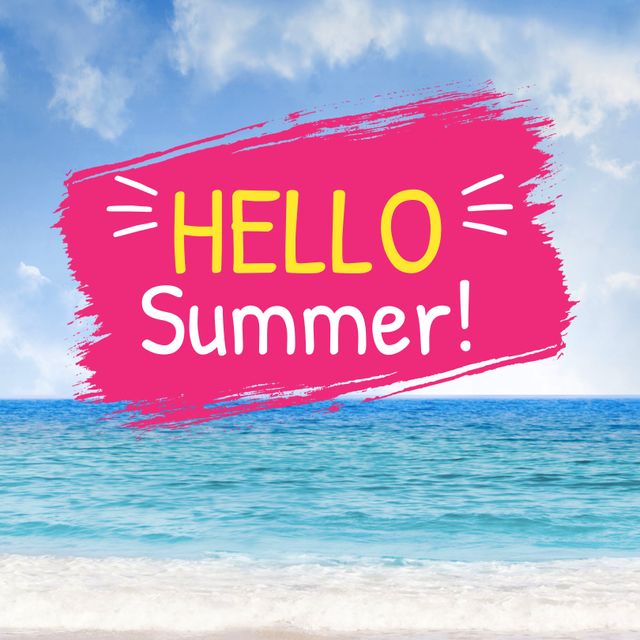 Hello Summer Text on Pink Brushstroke with Beach and Ocean Background - Download Free Stock Templates Pikwizard.com