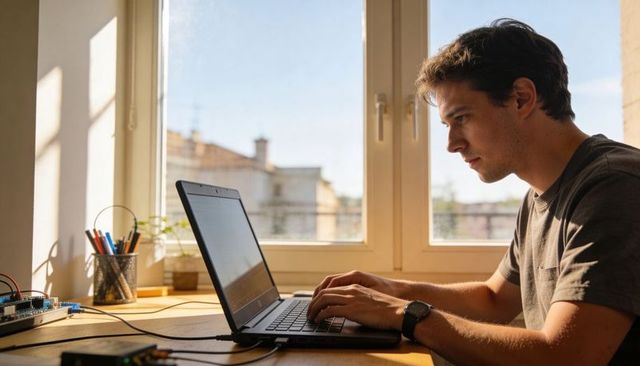Young man typing on laptop at sunlit desk with electronics board and coding focus