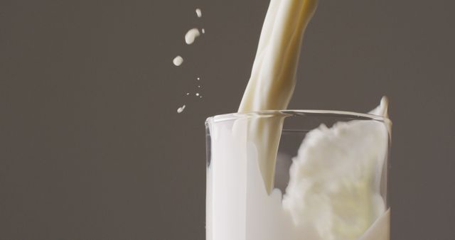 Close-up showing milk pouring into glass, creating splashes and droplets against neutral background. Ideal for advertising dairy products, promoting healthy beverages, illustrating nutrition concepts, and creating fresh-themed visual content.