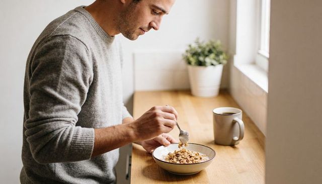 Man preparing morning cereal in casual sweater on wooden counter by window with coffee mug