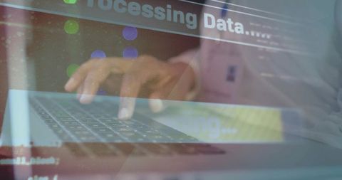 Typing on Laptop with Processing Data Overlay, Double Exposure Technology Concept