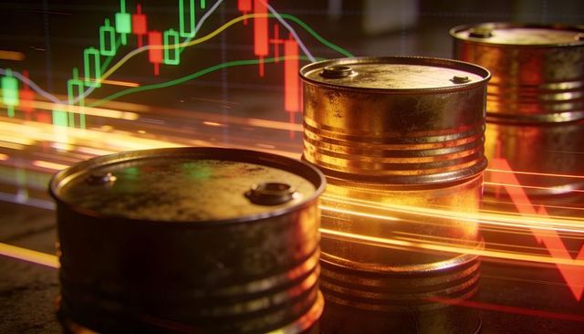 Oil Barrels Reflecting Stock Market Candlesticks with Motion Light Trails and Rust Textures