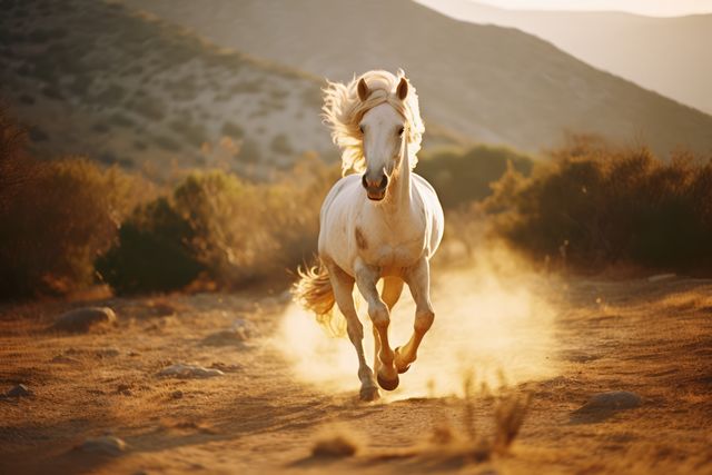 White horse galloping in field on sunny day, created using generative ai technology. Horse, animal, nature, freedom and movement concept digitally generated image.