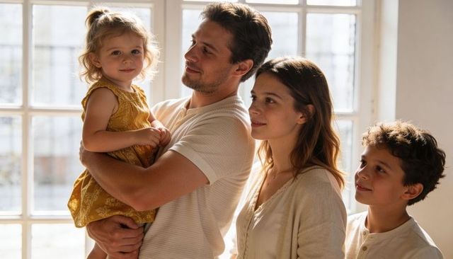 Warm backlit family portrait with father holding toddler, mother and son gazing by window