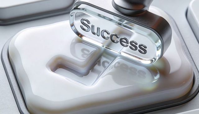 Glass success stamp stamping glossy white keypad close-up business achievement concept